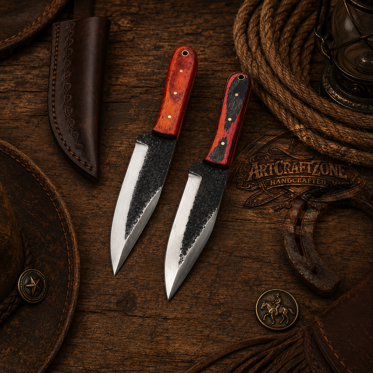 Handcrafted Pair High Carbon Steel Western Cowboy Field Work Tool with Leather Sheath