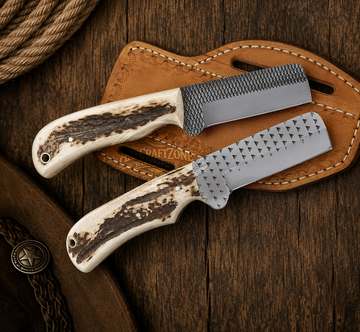 7" Handcrafted Bull Cutter Rasp File Steel Antler Handle - Leather Sheath