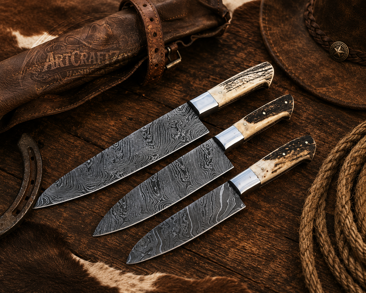 Handcrafted 3-Piece Damascus Kitchen Knife Set Antler Handle - Leather Case