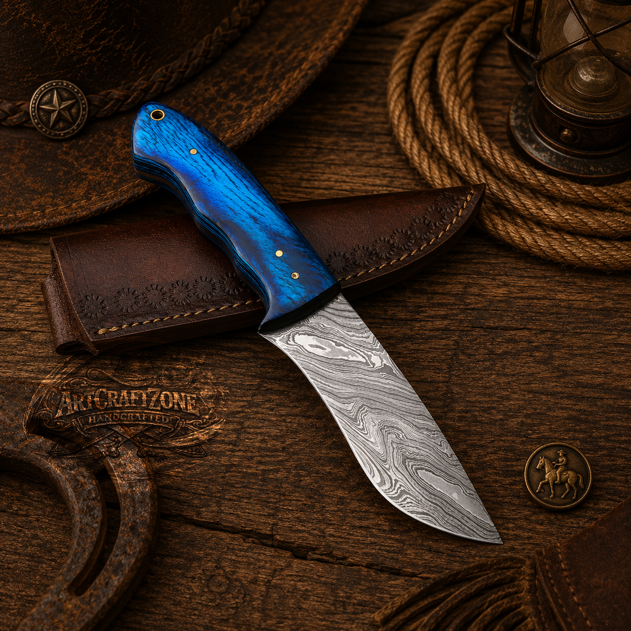 Handcrafted Skinning Premium Damascus Western Cowboy Field Work Tool with Leather Sheath