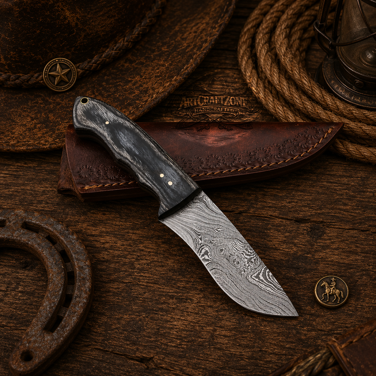 Handcrafted Skinning Premium Damascus Western Cowboy Field Work Tool with Leather Sheath