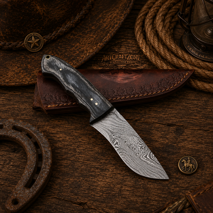 Handcrafted Skinning Premium Damascus Western Cowboy Field Work Tool with Leather Sheath