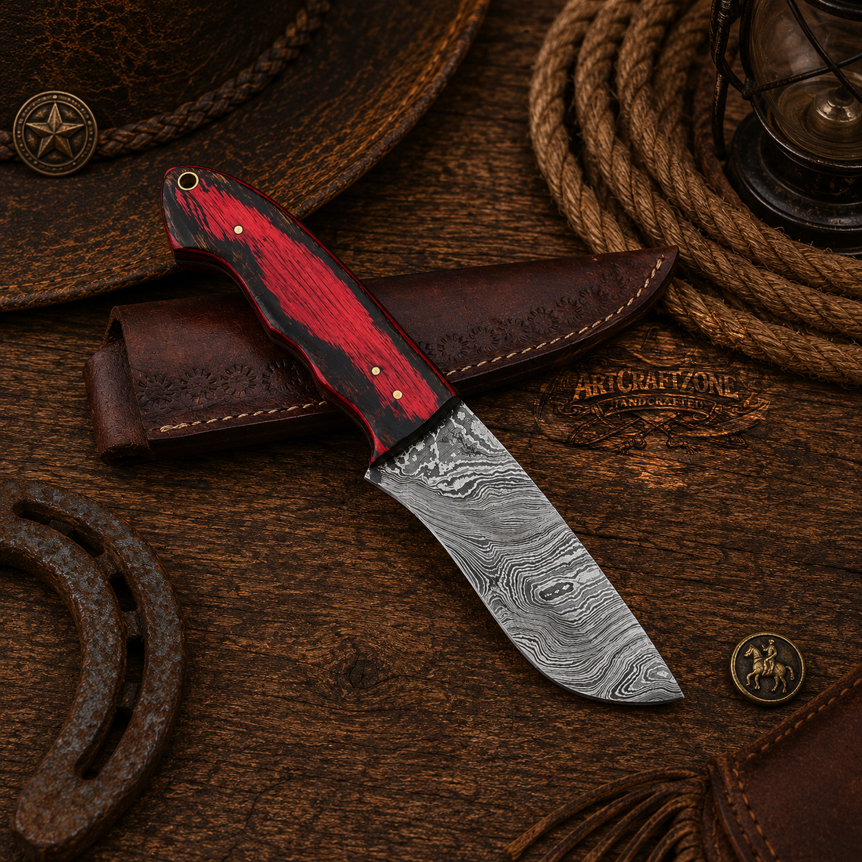 Handcrafted Skinning Premium Damascus Western Cowboy Field Work Tool with Leather Sheath
