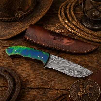 Handcrafted Skinning Premium Damascus Western Cowboy Field Work Tool with Leather Sheath