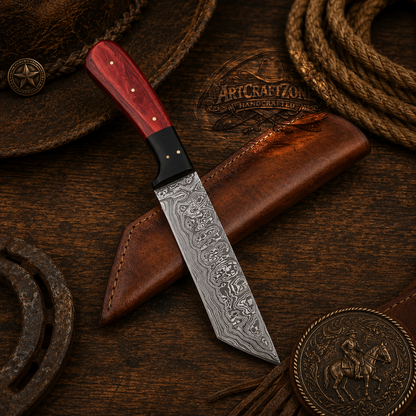 Handcrafted Tanto Point Premium Damascus Western Cowboy Field Work Tool with Leather Sheath