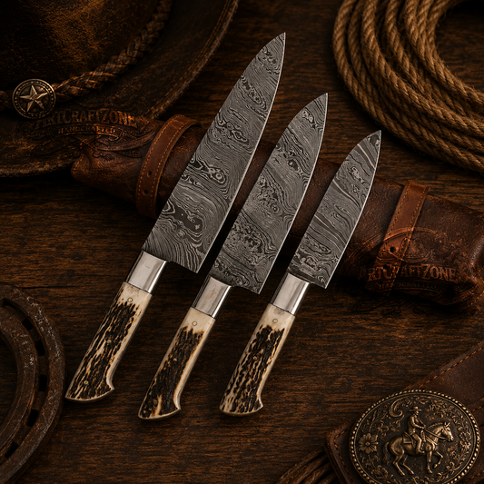 Handcrafted 3-Piece Damascus Kitchen Knife Set Antler Handle - Leather Case