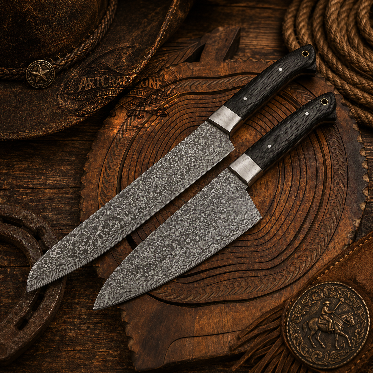 Handcrafted  Raindrop Damascus Western Cowboy Pair Chef Knife