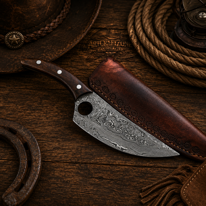 11" Handcrafted Damascus Chef Knife Iron Wood Handle - Leather Sheath