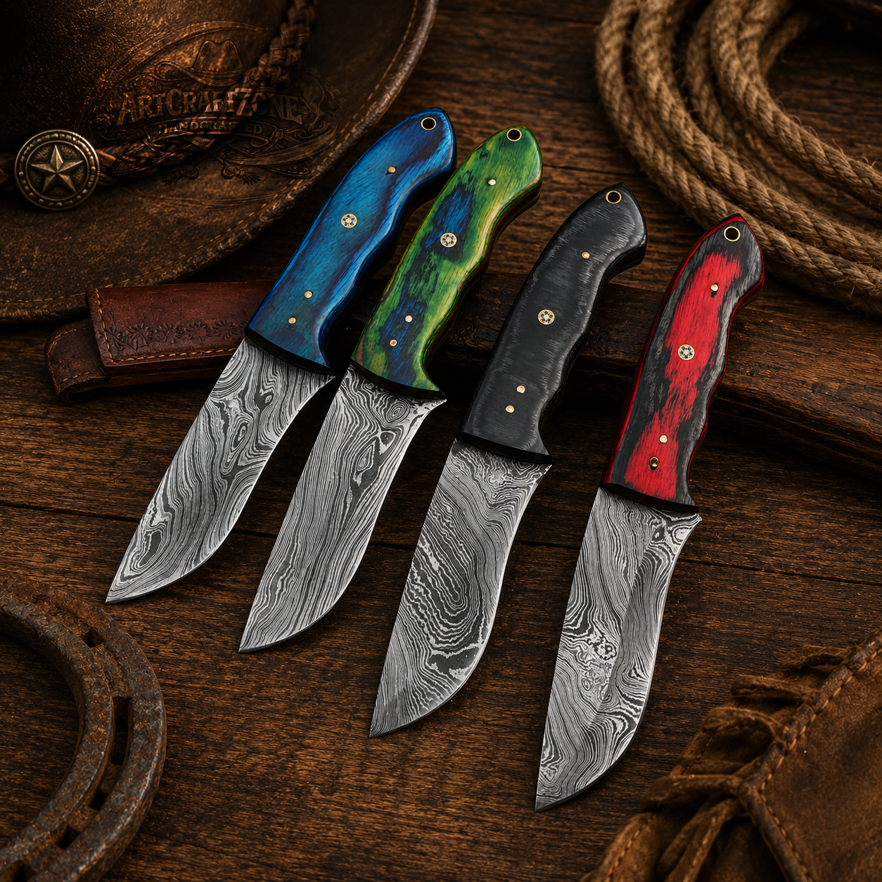 Handcrafted Skinning Premium Damascus Western Cowboy Field Work Tool with Leather Sheath