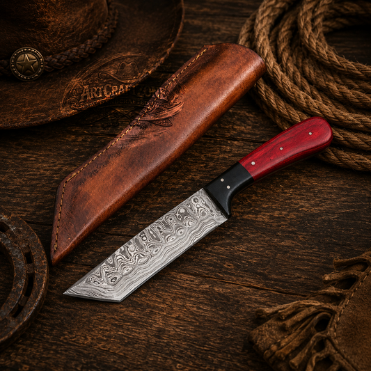 Handcrafted Tanto Point Premium Damascus Western Cowboy Field Work Tool with Leather Sheath