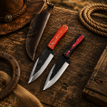 Handcrafted Pair High Carbon Steel Western Cowboy Field Work Tool with Leather Sheath