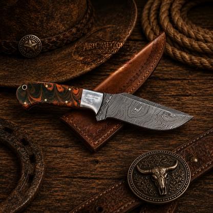 Handcrafted Skinning Premium Damascus Western Cowboy Field Work Tool with Leather Sheath