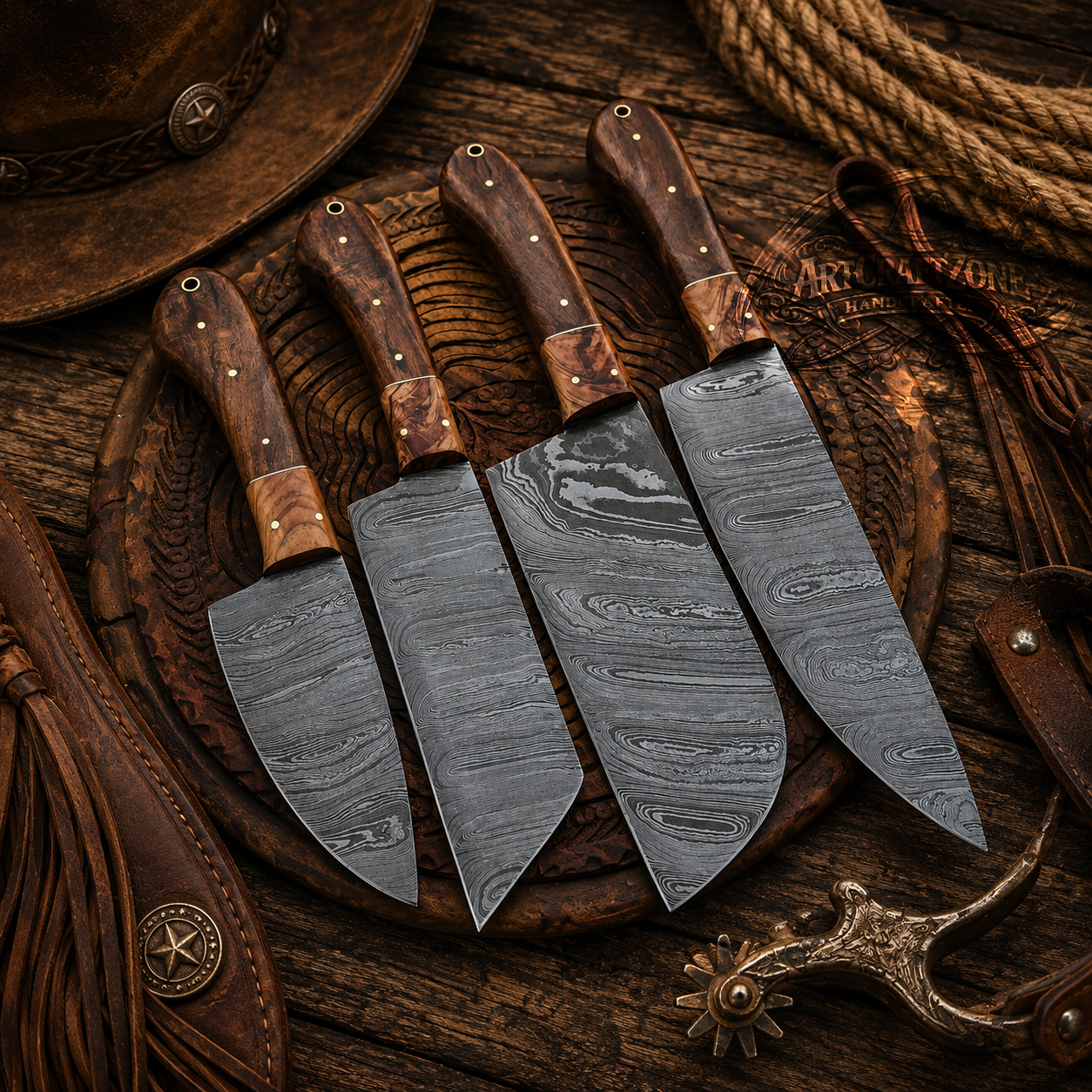 Handcrafted 4-Piece Damascus Kitchen Knife Set Olive Wood & Ironwood Handle