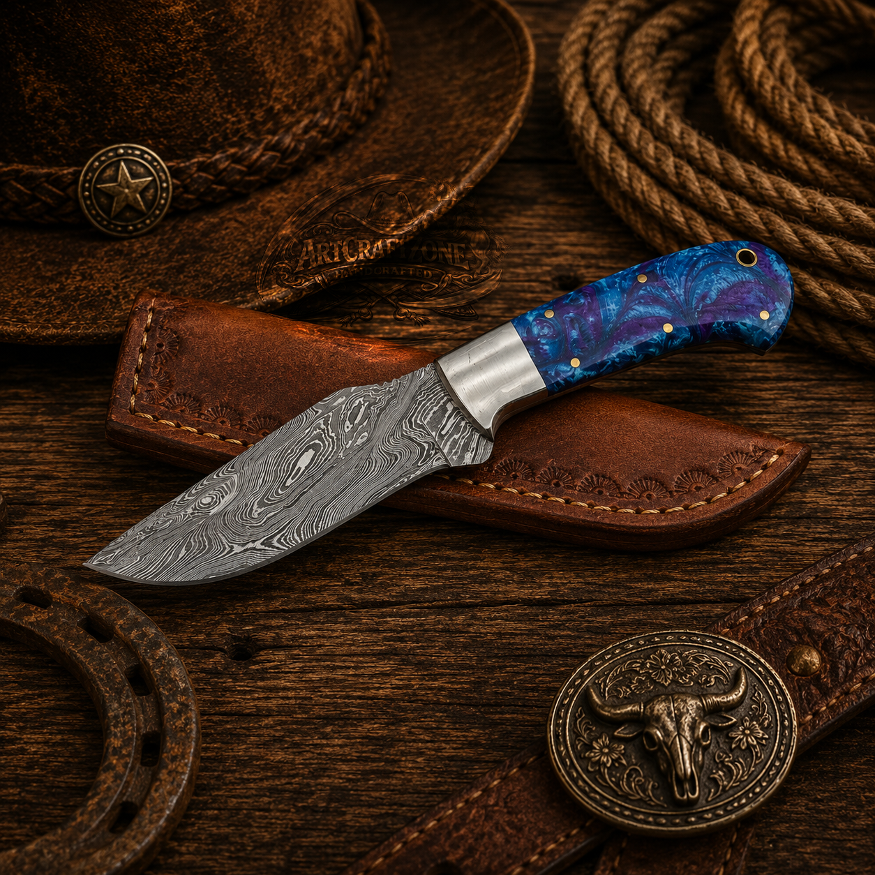 Handcrafted Skinning Premium Damascus Western Cowboy Field Work Tool with Leather Sheath