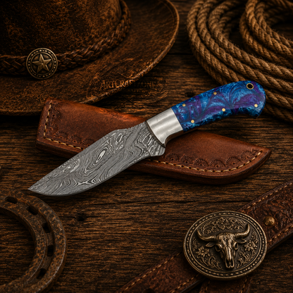 Handcrafted Skinning Premium Damascus Western Cowboy Field Work Tool with Leather Sheath