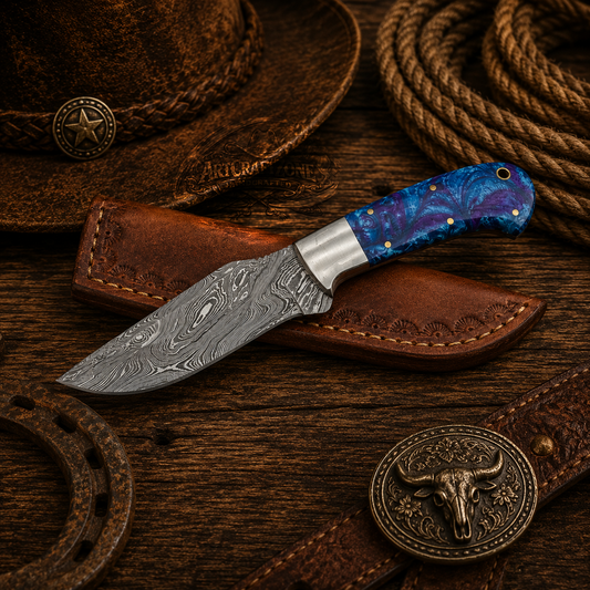 Handcrafted Skinning Premium Damascus Western Cowboy Field Work Tool with Leather Sheath