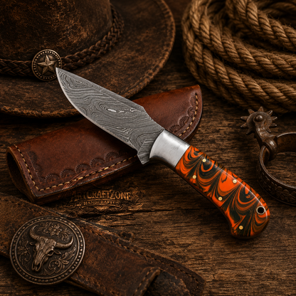 Handcrafted Skinning Premium Damascus Western Cowboy Field Work Tool with Leather Sheath