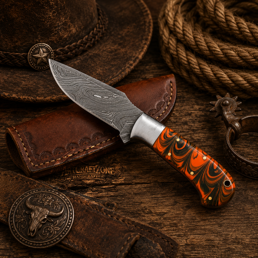 Handcrafted Skinning Premium Damascus Western Cowboy Field Work Tool with Leather Sheath