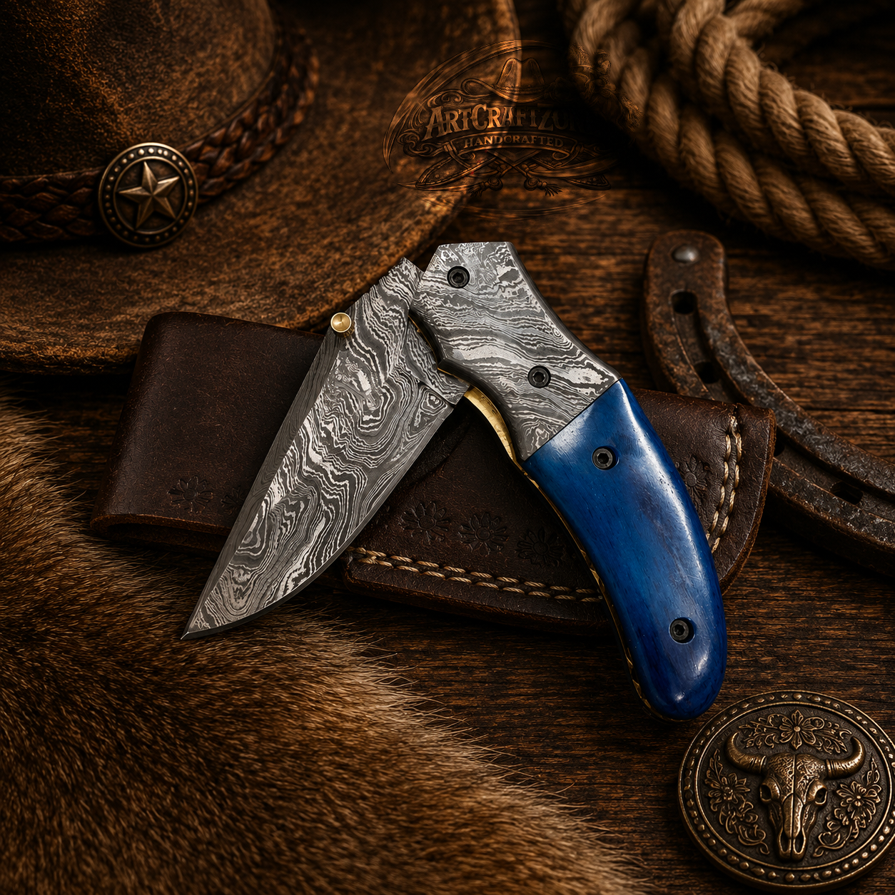 Handcrafted Damascus Cowboy Western Folding Tool with Leather Sheath