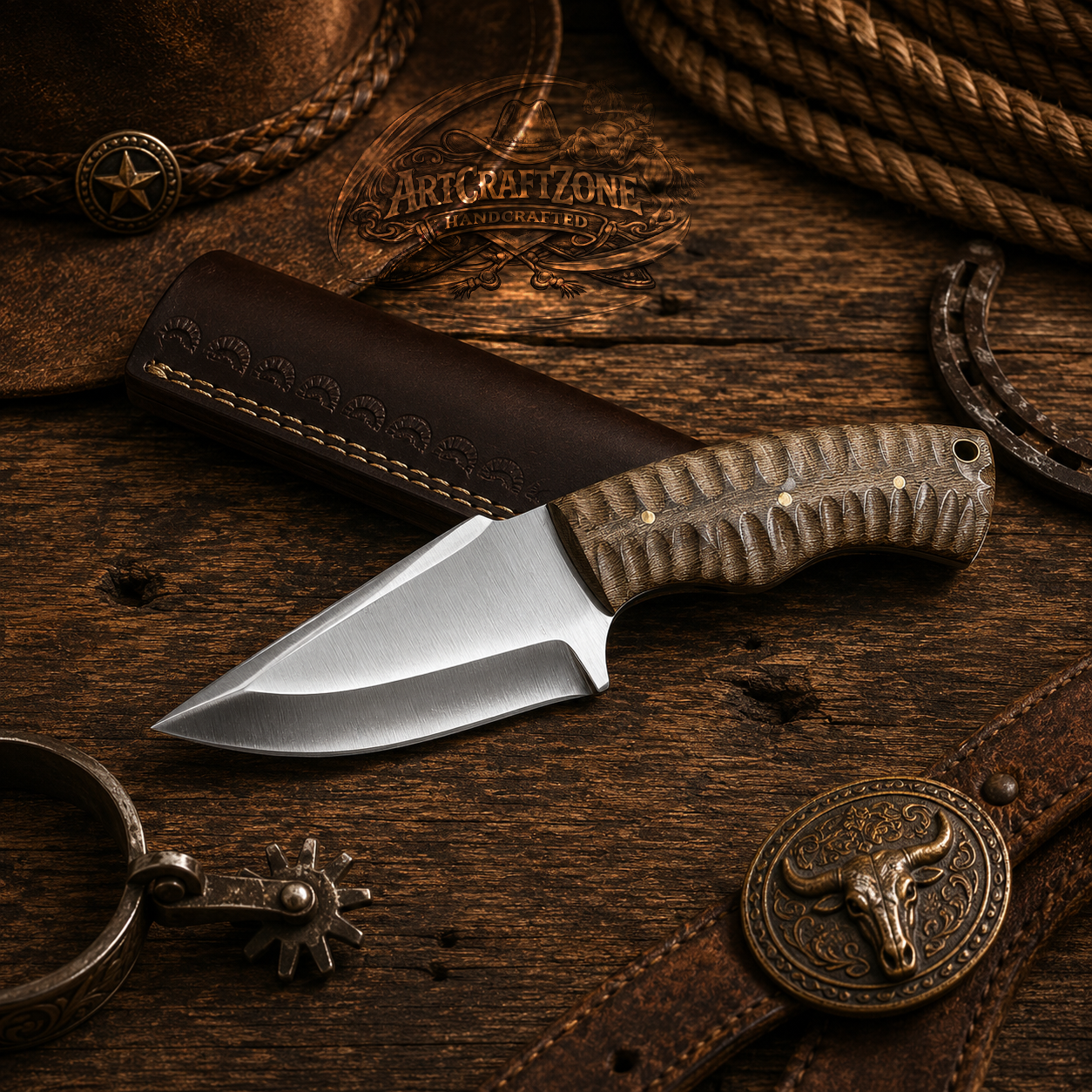 Handcrafted Skinning High Carbon Steel Western Cowboy Field Work Tool with Leather Sheath