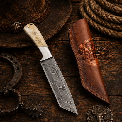 10" Handcrafted Tanto Point Damascus Steel White Camel Bone Handle - Leather Sheath