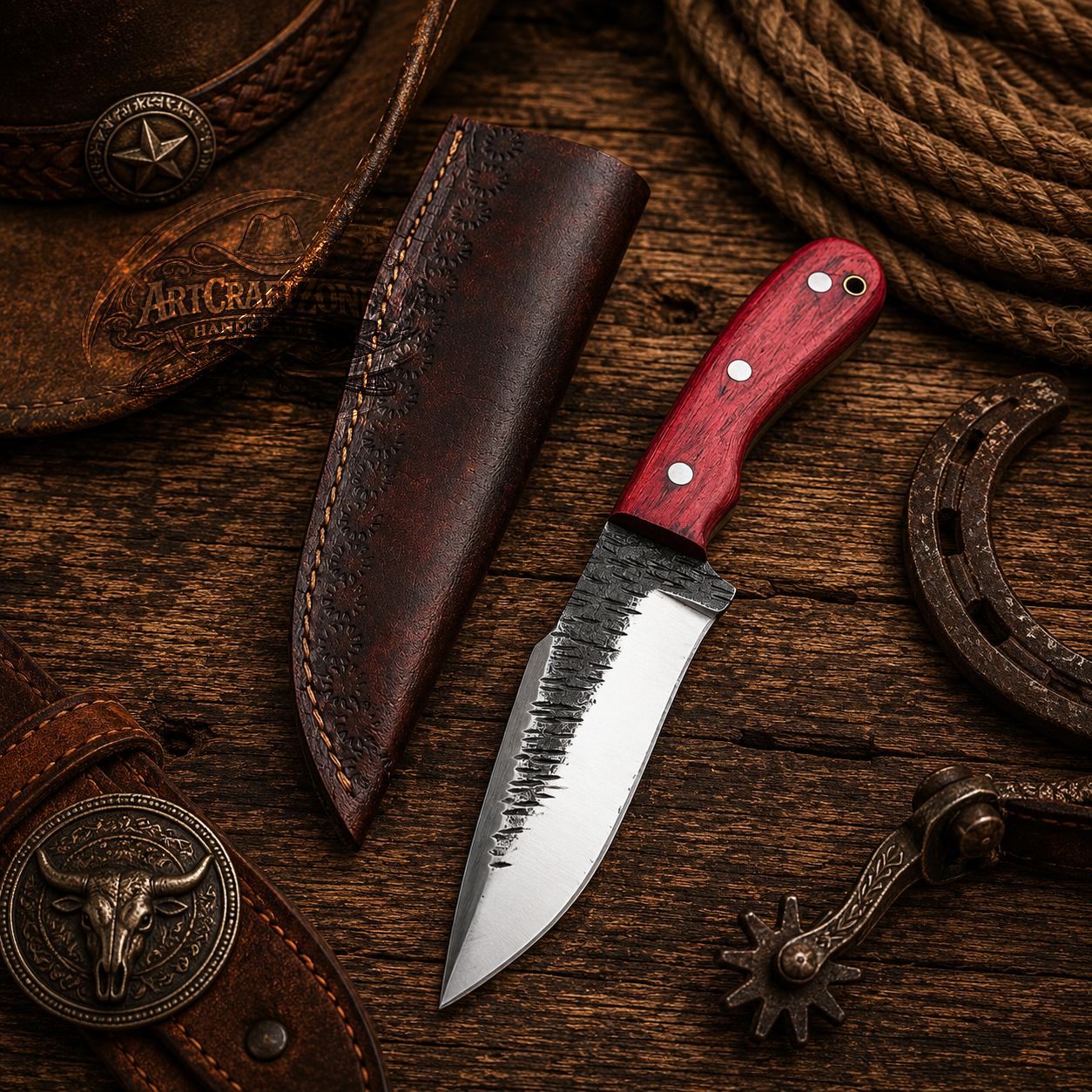Handcrafted Hunting High Carbon Steel Western Cowboy Field Work Tool with Leather Sheath