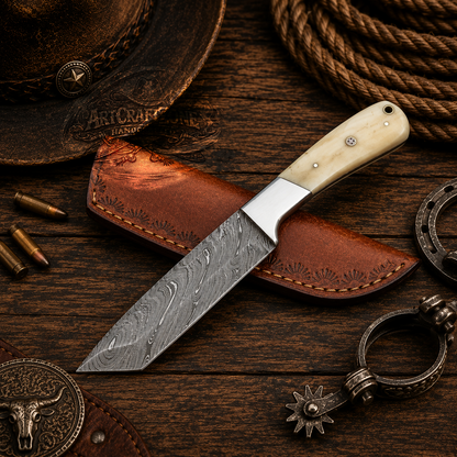 10" Handcrafted Tanto Point Damascus Steel White Camel Bone Handle - Leather Sheath