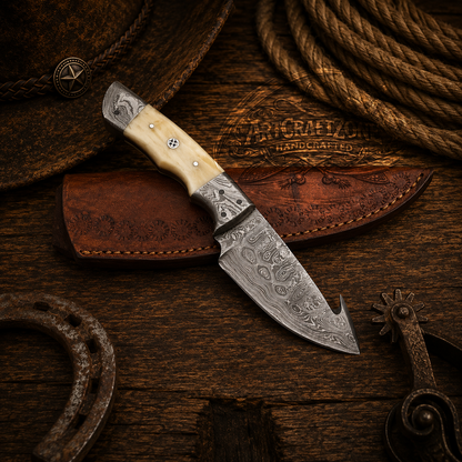 Handcrafted Gut Hook Premium Damascus Western Cowboy Field Work Tool with Leather Sheath