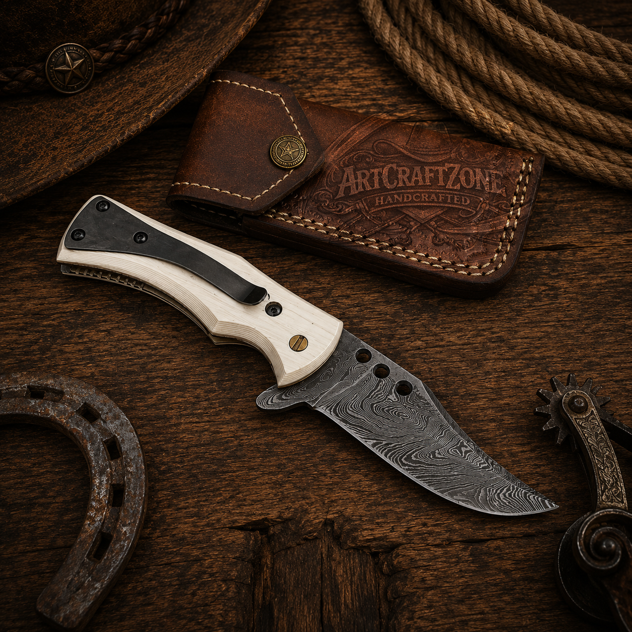 Handcrafted Damascus Cowboy Western Pocket Tool & Straight Razor Pair with Leather Sheath