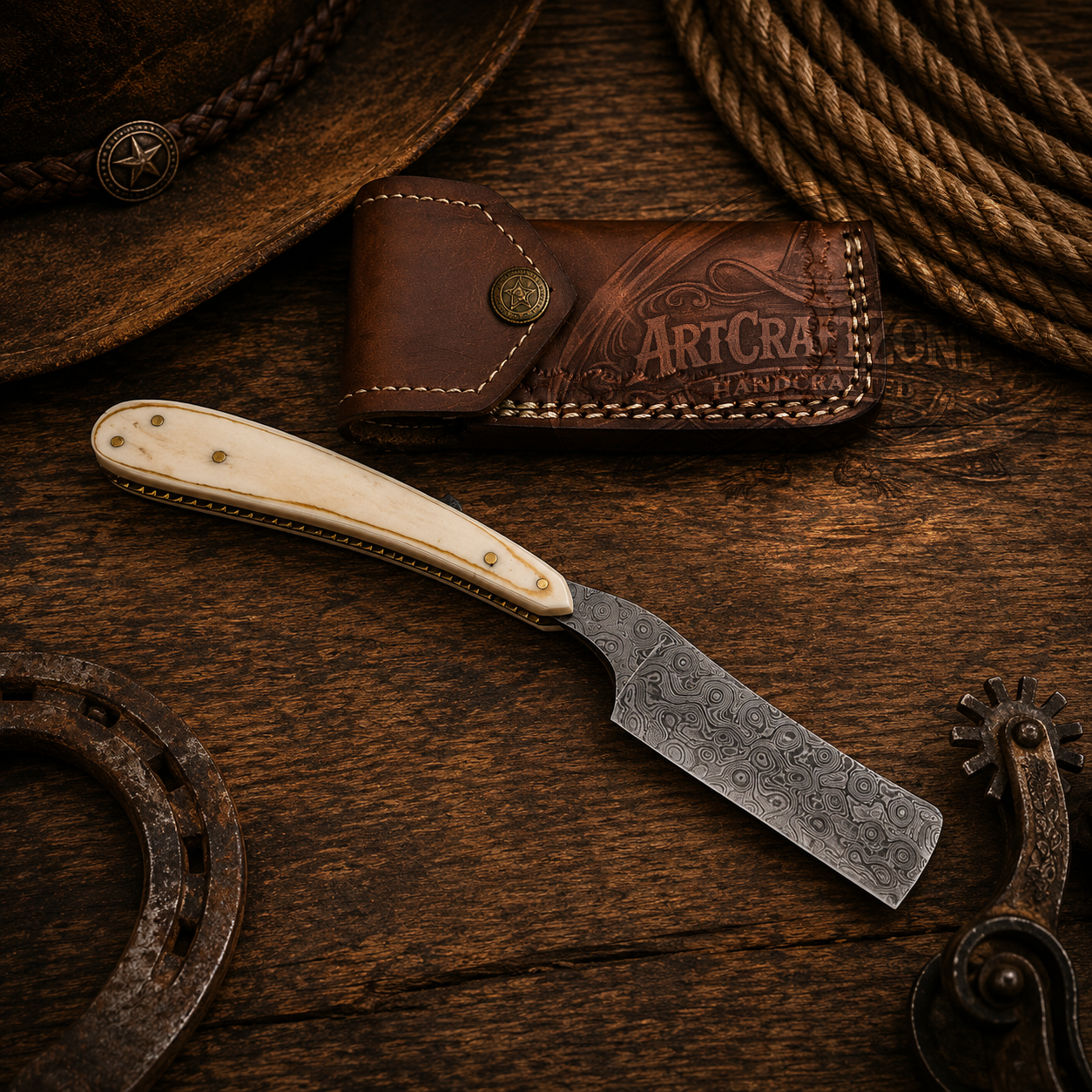 Handcrafted Damascus Cowboy Western Pocket Tool & Straight Razor Pair with Leather Sheath