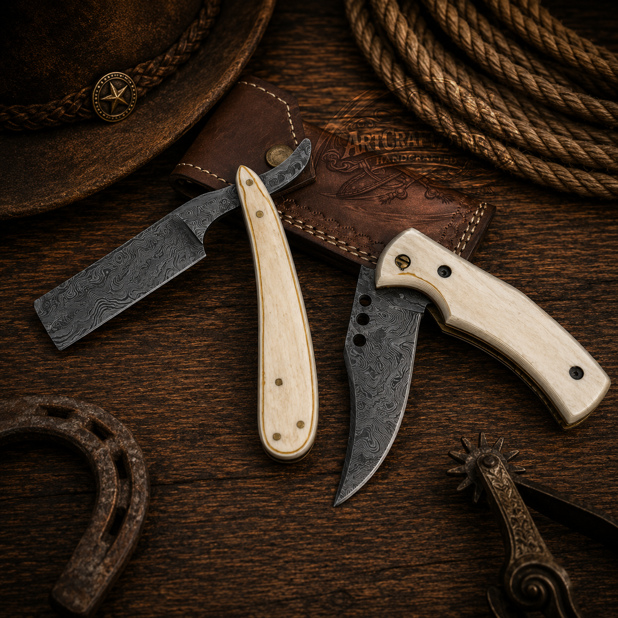 Handcrafted Damascus Cowboy Western Pocket Tool & Straight Razor Pair with Leather Sheath