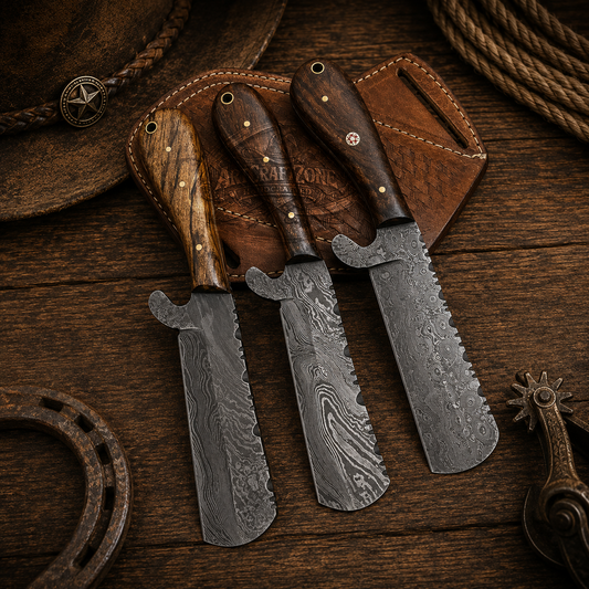 8" Handcrafted Bull Cutter Set Damascus Steel Brown Iron Wood Handle - Leather Sheath