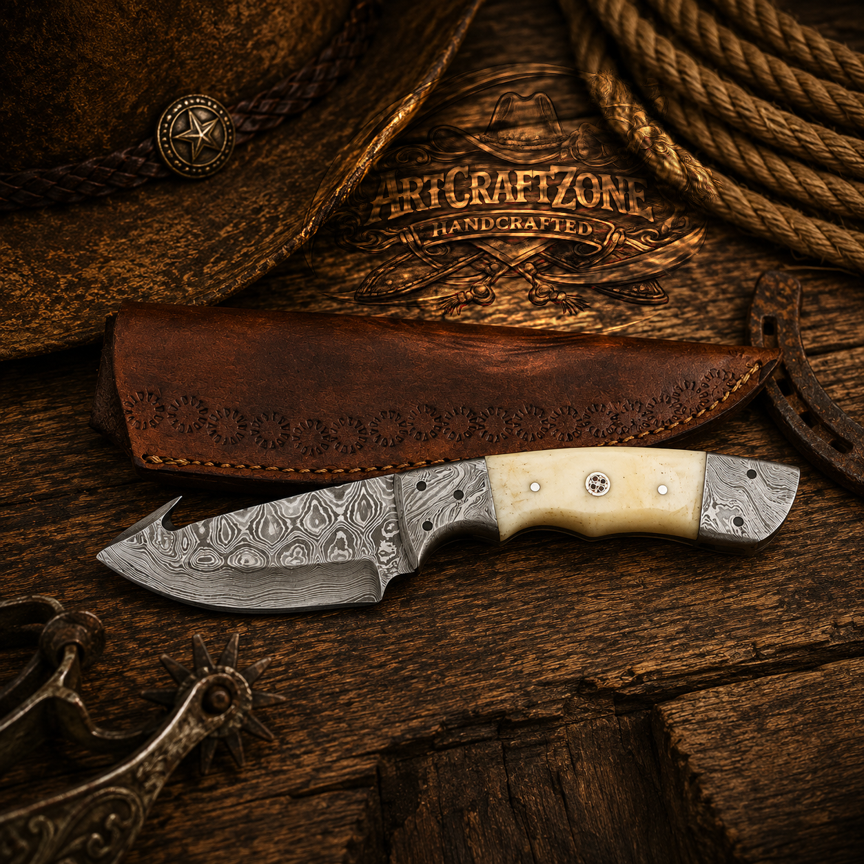 Handcrafted Gut Hook Premium Damascus Western Cowboy Field Work Tool with Leather Sheath