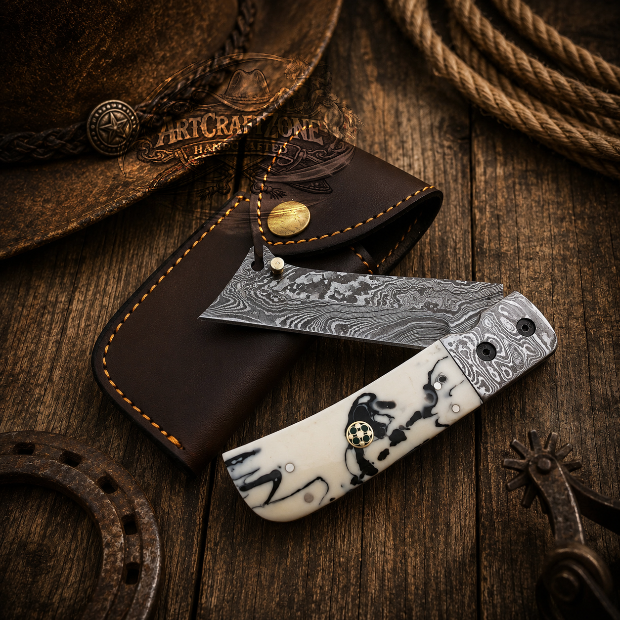 Handcrafted Damascus Cowboy Western Folding Tool with Leather Sheath