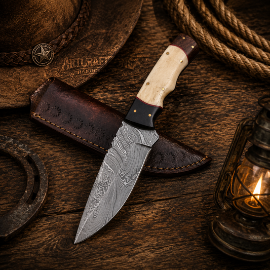 Handcrafted Skinning 9" Damascus Western Cowboy Field Work Tool with Leather Sheath