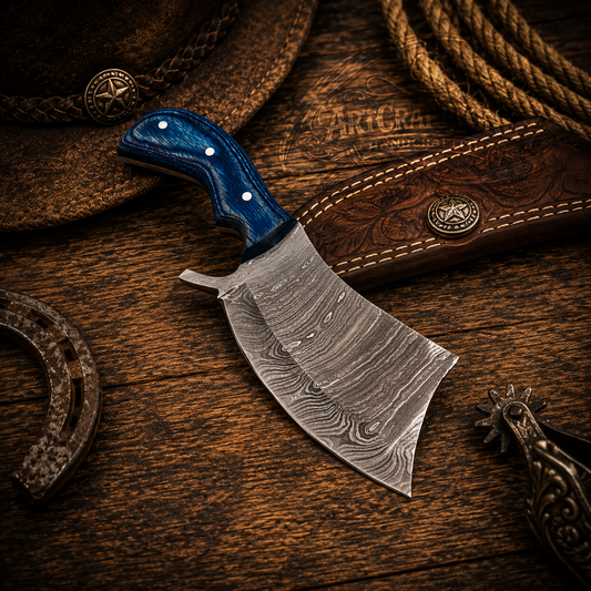 Handcrafted Outdoor Cleaver Premium Damascus Western Cowboy Field Work Tool with Leather Sheath