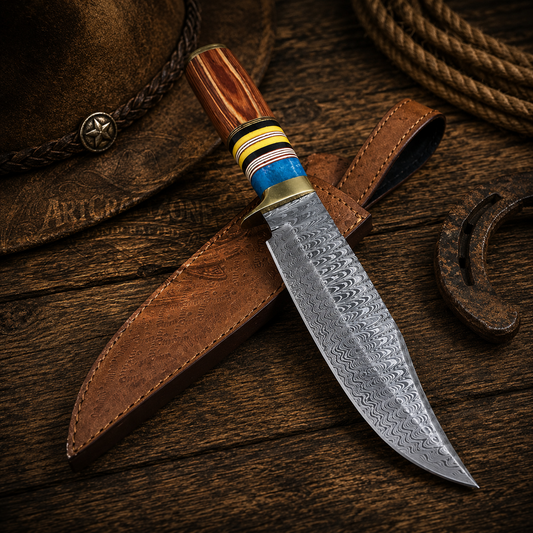 Handcrafted Clip Point Premium Damascus Western Cowboy Field Work Tool with Leather Sheath