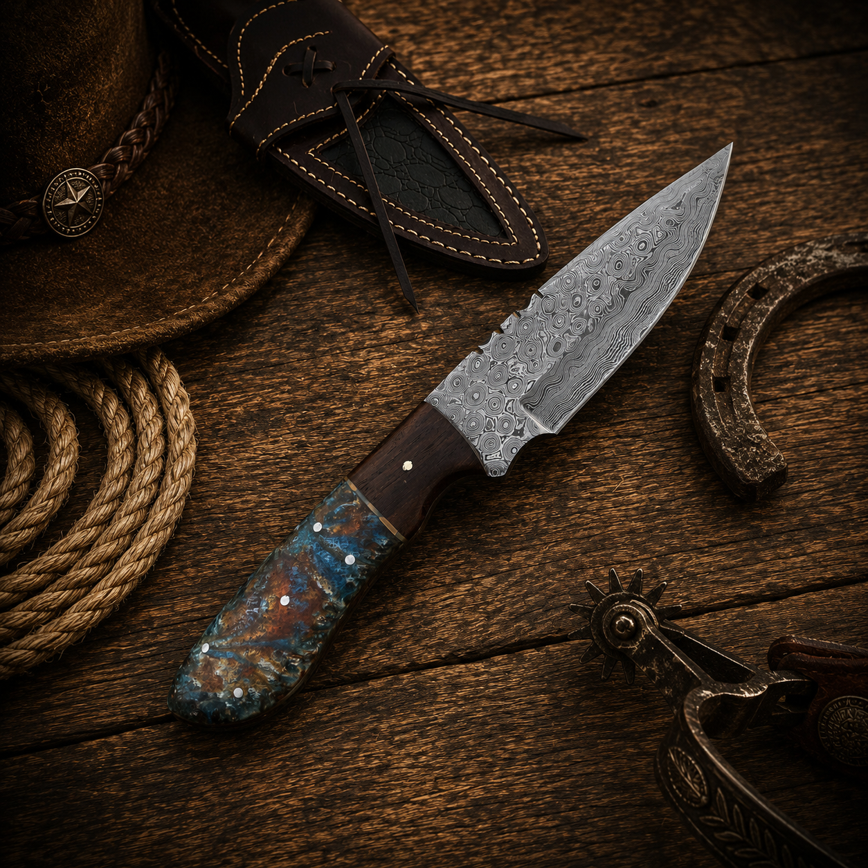 Handcrafted EDC Skinning Premium Damascus Western Cowboy Field Work Tool with Leather Sheath