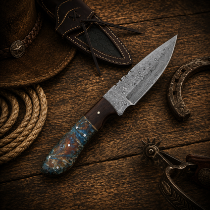 Handcrafted EDC Skinning Premium Damascus Western Cowboy Field Work Tool with Leather Sheath