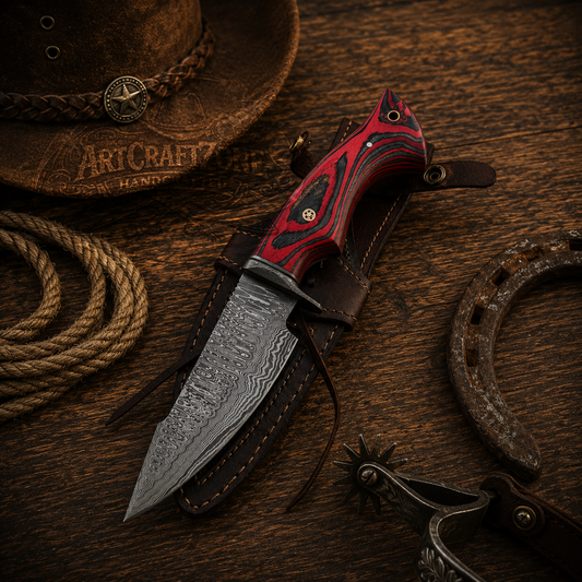 10" Handmade Damascus Red Black Handle Hunting Tool – Leather Sheath