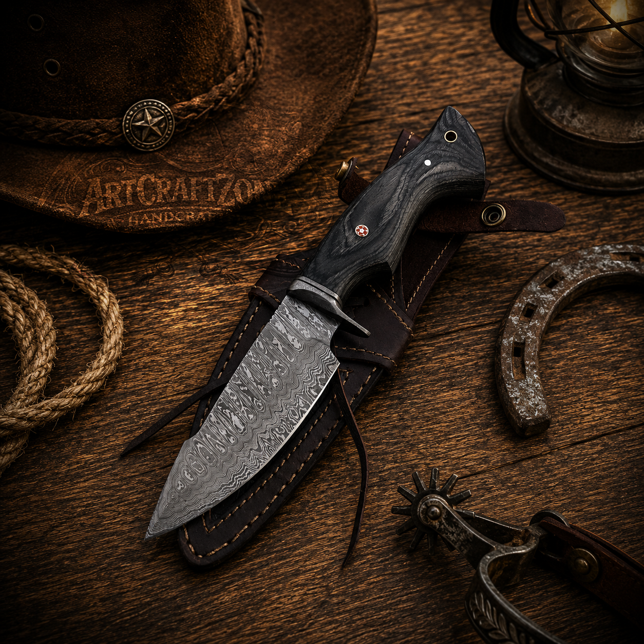 10" Handmade Damascus Black Handle Hunting Tool – Leather Sheath