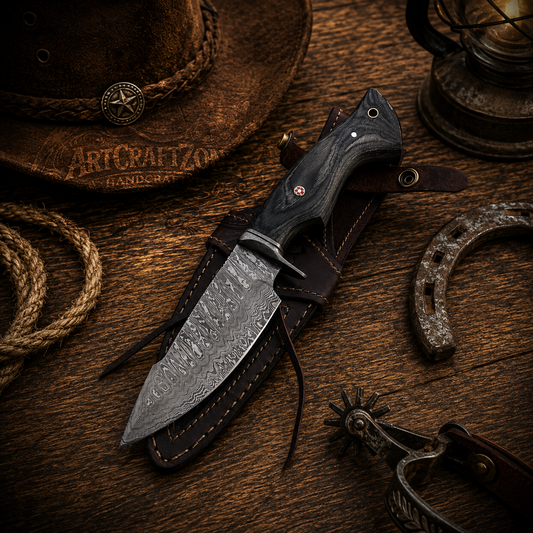 10" Handmade Damascus Black Handle Hunting Tool – Leather Sheath