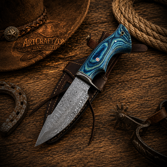10" Handmade Damascus Blue Handle Hunting Tool – Leather Sheath