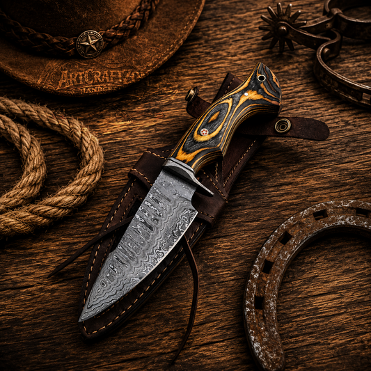 10" Handcrafted Hunting Tool Damascus Steel Yellow & Black Exotic Wood Handle - Leather Sheath