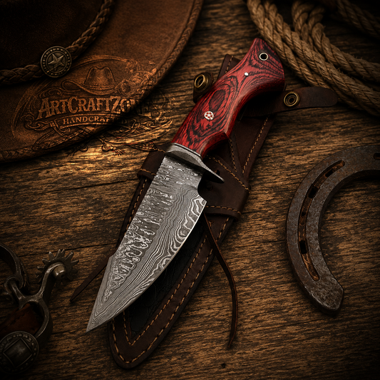 10" Handcrafted Hunting Knife Damascus Steel Exotic Wood Handle - Leather Sheath