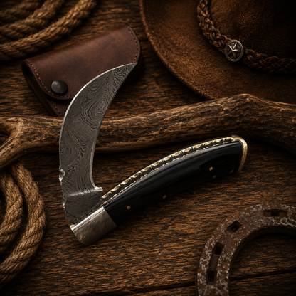 7" Handcrafted Bull Cutter Folding Tool Damascus Steel Black Buffalo Horn Handle - Leather Sheath