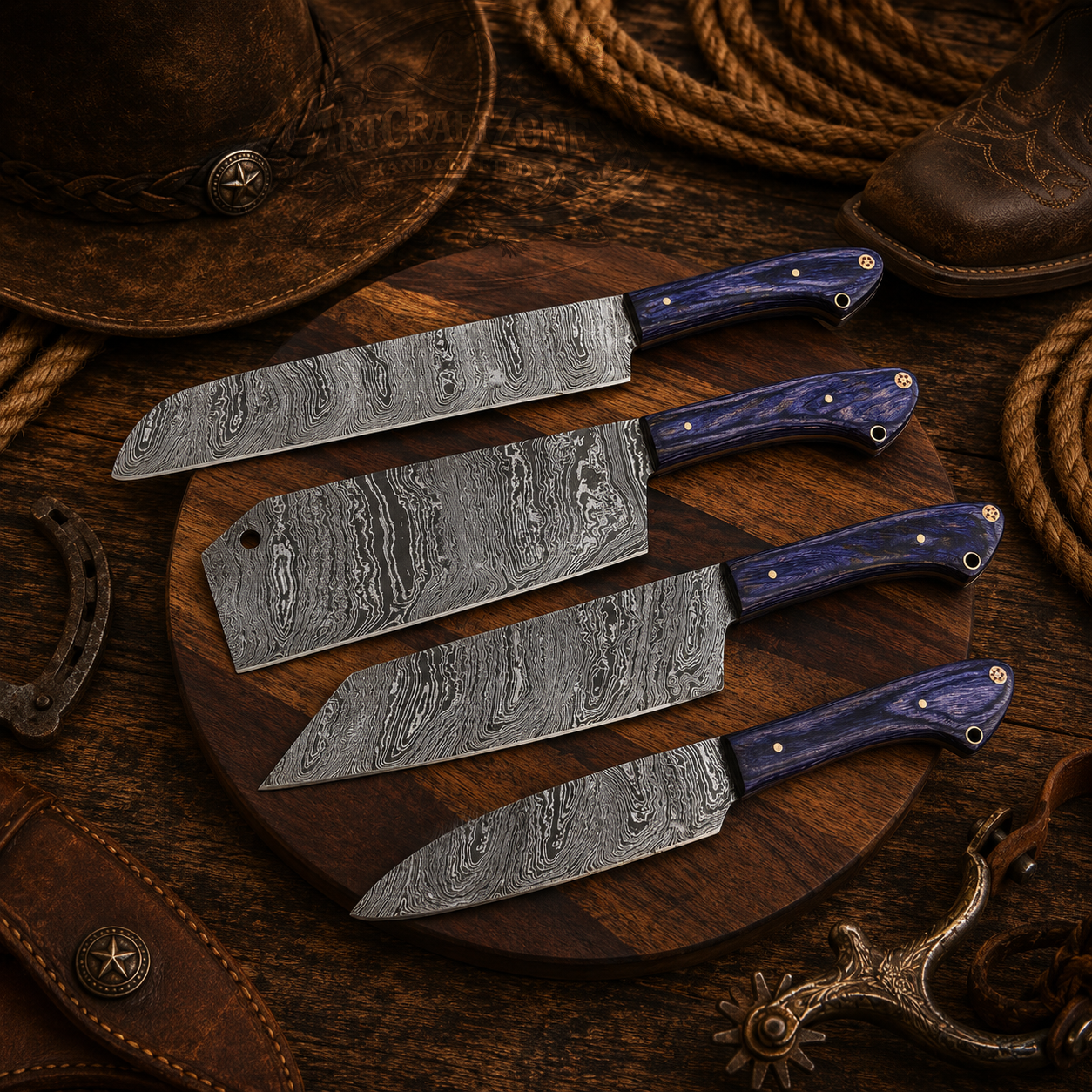 Handcrafted 4 Pcs Cutlery Premium Damascus Western Cowboy Kitchen Knife Set