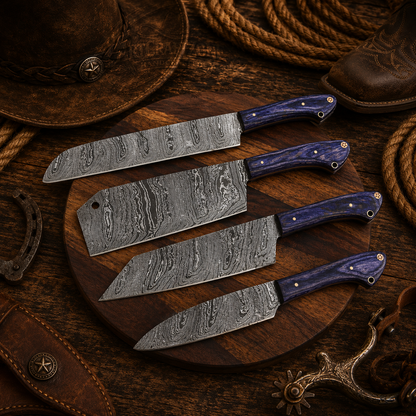 Handcrafted 4 Pcs Cutlery Premium Damascus Western Cowboy Kitchen Knife Set