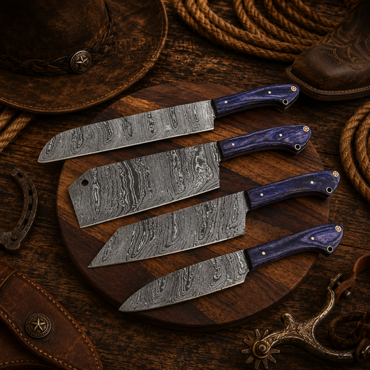 Handcrafted 4 Pcs Cutlery Premium Damascus Western Cowboy Kitchen Knife Set