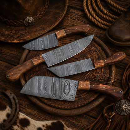 Handcrafted 4-Piece Damascus Kitchen Knife Set Olive Wood & Ironwood Handle